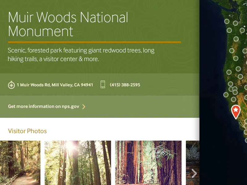 Muir Woods trees green marker map national park muir woods park web interface ux ui