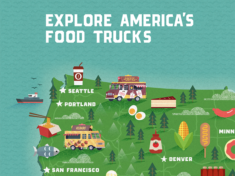 Explore America's Food Trucks interactive small business flat illustration textures map food trucks