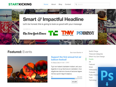 Startkicking: a free, full homepage PSD copy download free free psd freebie homepage kickstarter psd web