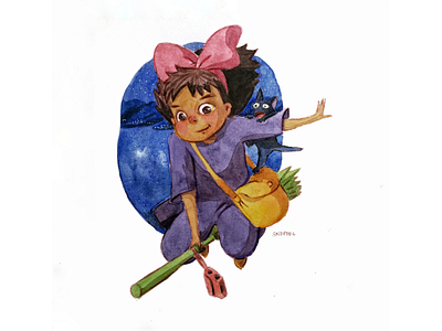 Watercolor Illustration: Kiki and Jiji anime do this in your style dtiys illustration jiji kiki kikis delivery services sndpbdl studio ghibli watercolor