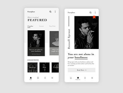 Face Place - Story Reading App app black black and white design face minimal monochrome people story typography ui ux white