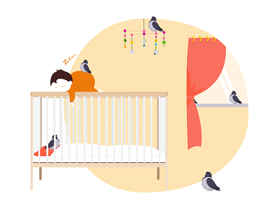 Hello Stranger art baby bed friend harmful illustration night orange pigeon sleep window