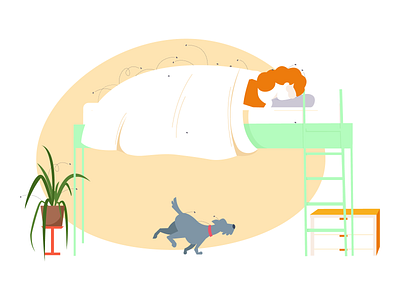 Go ahead, JUMP ! JUMP ! art asleep bed blanket coffee table design digital dog flea girl illustration jump orange plant tech way