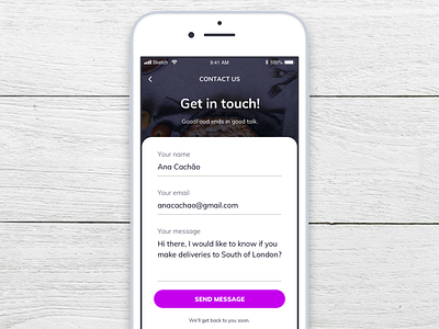 Daily UI 028 - Contact Us 028 app contact form contact us daily 100 challenge dailyui food app ios mobile mobile app sketch ui ui challenge ui interface