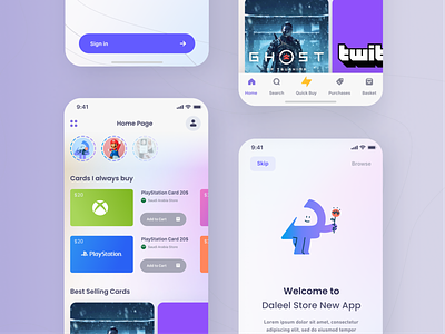Digital Gift Cards App - Home Page Design add to cart app arabic design digital cards games cards gift cards gradient home home page new app saudi arabia sign in store story ui user interface ux walkthrough welcome