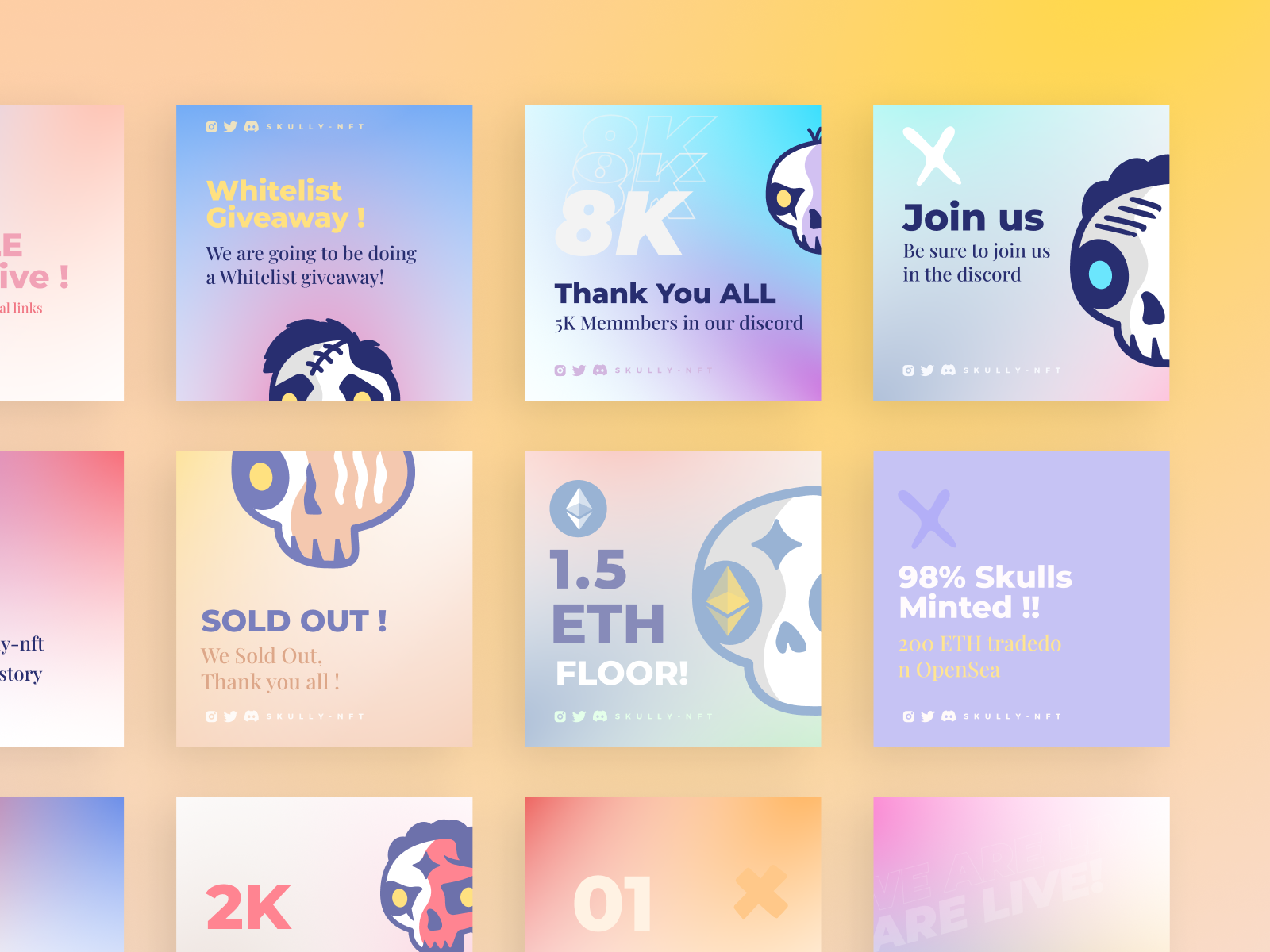 Social Media Post Examples Using Pre-built NFT Template art artwork crypto design gradient instagram instagram posts kit nft nft template nft tools nfts non-fungible token posts pre-built skull social media stories template web3