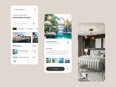 Hotel Booking App UI bookings buildings daily challenge design exotic holiday hotel mobile app serene travel ui ux vacation