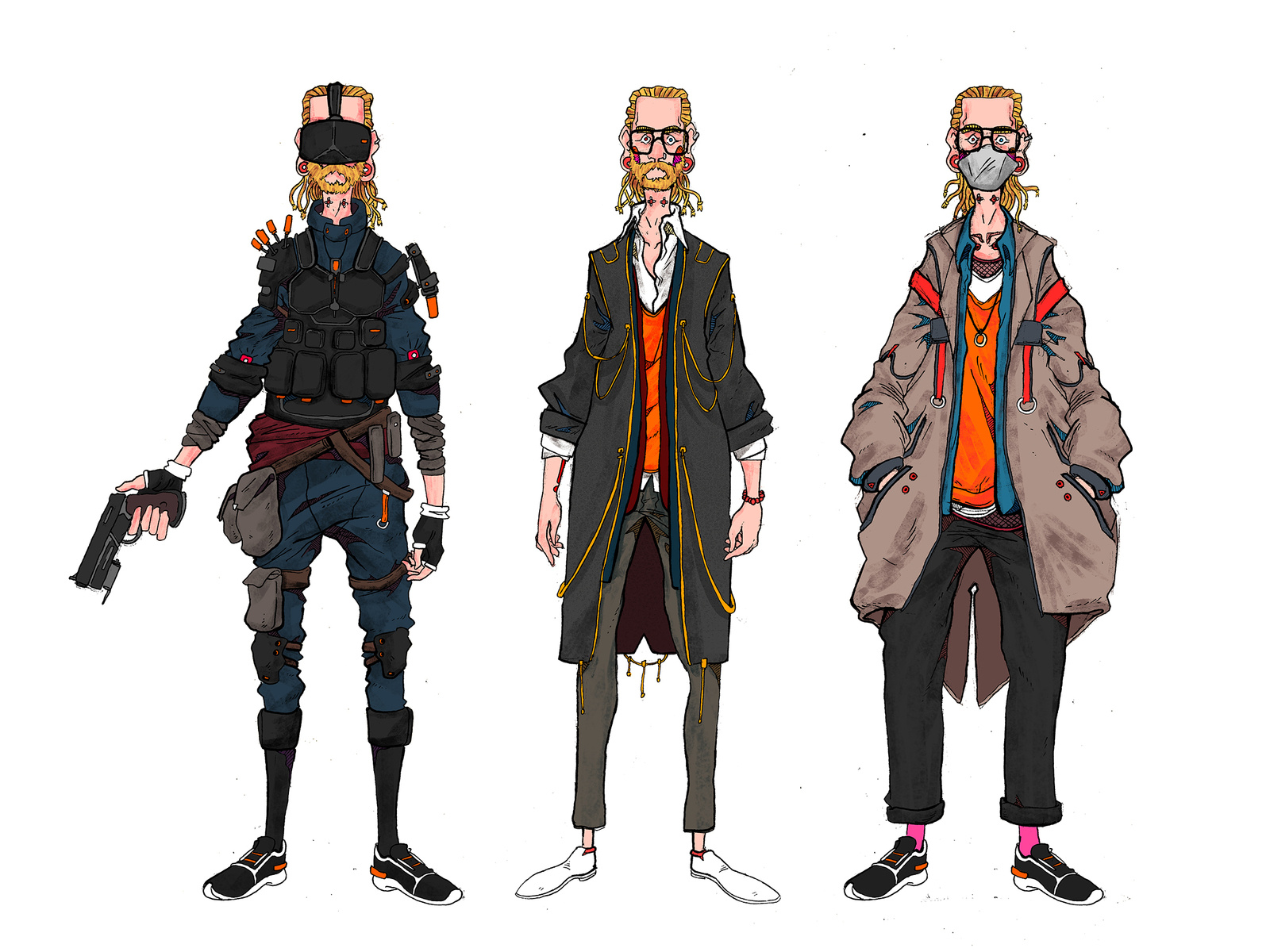 Kilter cyberpunk character, anime character design, character design male