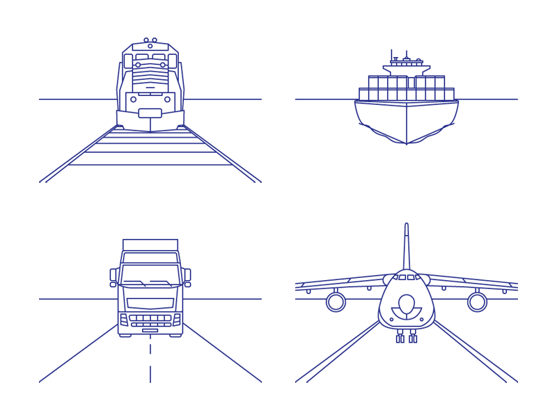 Trains Planes and Automobiles... airfreight airplane freight illustration lorry perspective railway seafreight ship train