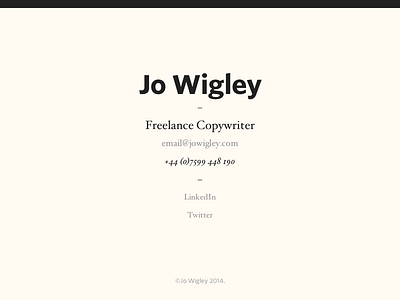 JoWigley.com copywriter hoefler holding page typerjs typography website whitney