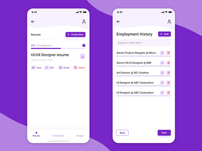 Resume App screens design ios app mobile app mobile app design mobile ui resume design resume template ui ui ux ux