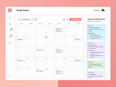 Study Buddies Calendar app calendar dashboard design education study study group ui ux