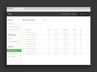 Score Monster redesigned Manage Teams Page app design manage monster redesign responsive score sports table teams website