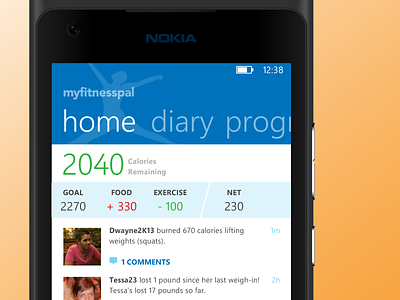 Fitness App Home + Social feed v5 app fitness flat mobile vector weight loss windows phone windows phone 8
