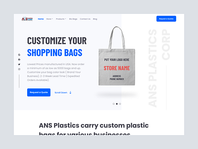Custom Shopping Bags Landing Page bag blue clean design ecommerce gray grey hero landing page modern professional section shopping ui web design website