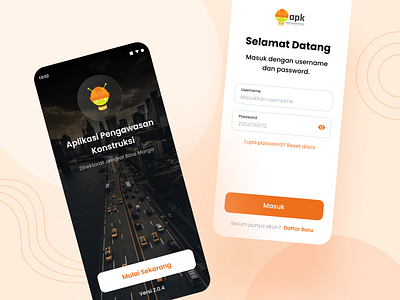 Aplikasi Pengawasan Kontruksi - Onboarding auth authentication clean design login modern orange professional screen street ui ux welcome