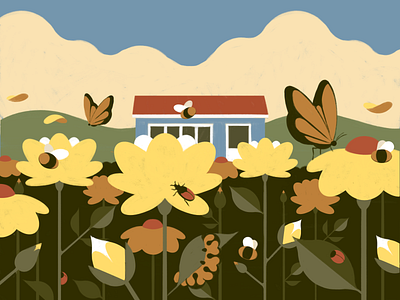 Country landscape with summer vibes butterflies country countryside flat illustration insects minimal procreate summer