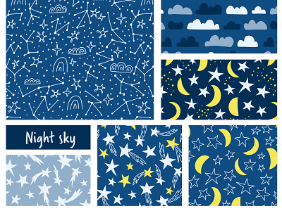 Night sky classic blue cloud doodleart fabric design fabric pattern graphic hand drawn moons pattern sky stars vector