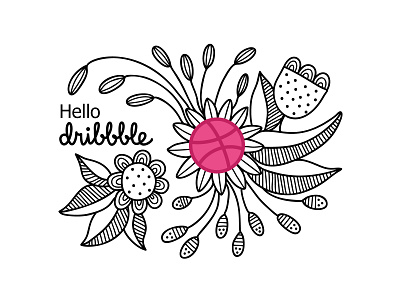 Hello Dribbble! black and white floral flower graphic hand drawn hello lineart nature stylized vector