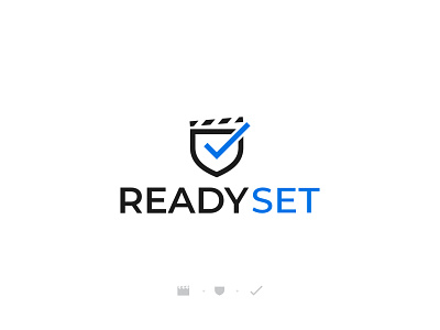 Logo for ReadySet checkmark clapper clean covid creative film logo producer production professionals protection ready safe shield shoot shooting simple succes tv video