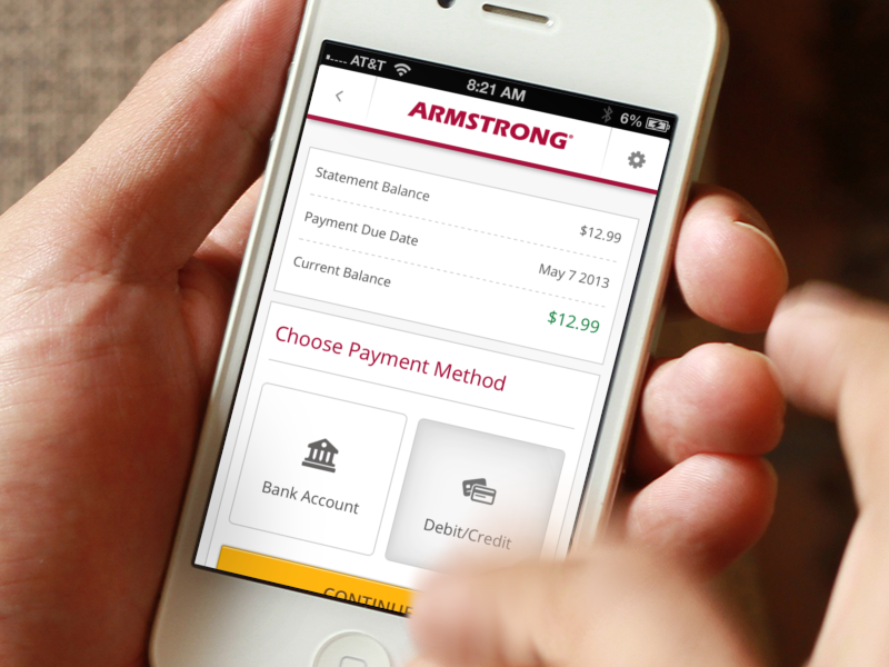 Armstrong cable internet bill billing clean ui red button interface mobile yellow app