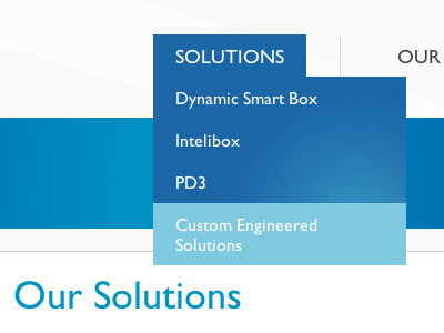 Our Solutions blue dropdown header hover nav rollover website