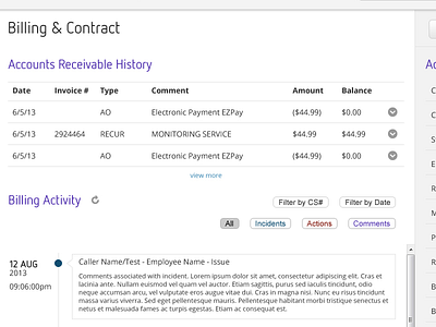 Billing & Contract admin app application console dashboard interface layout timeline ui ux web