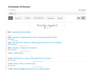 Schedule of Events - List clean conference events filter sort toggle ui ux