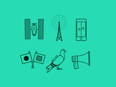 Comms bullhorn carrier pigeon communications icons illustration line phone radio tower satellite signal flags vector