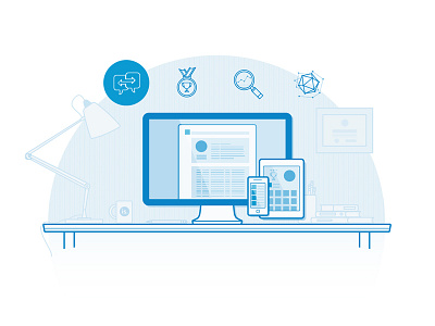 ISDC Site illo—more details device icons illustration scene tech ui vector wireframe