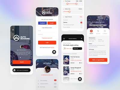 Mobile Auto Services in Your City - App about adobe app auto booking card designs filter interface ios list login mobile mobile ui modern planning profile simple splash ux