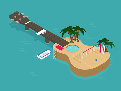 Ukulele Island beach boat illustration illustrator island isometric music play summer surf ukulele volleyball