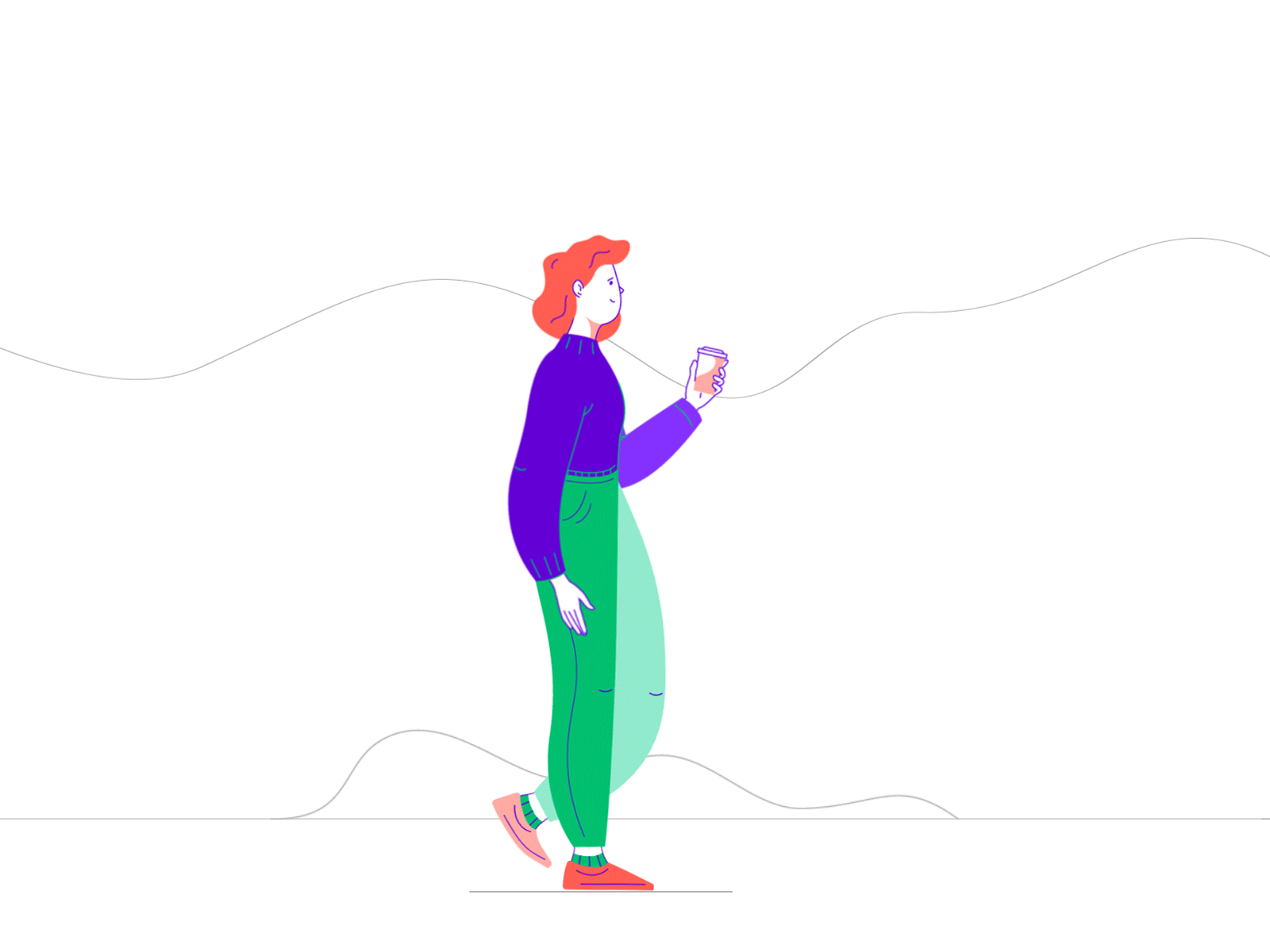 Morning walk 2d aftereffects animation character clean coffee design gif girl human illustration linework loop morning motion mountain vector walk