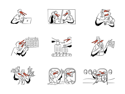 Migration service airport birds character clean design icons illustration landing migration service storks svg team vector website