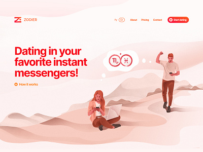 Zodier main page character clean dating design design agency horoscope human illustration landing love man messenger nature research together ui web website woman