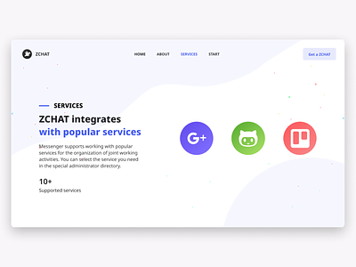 ZCHAT — page about services 2019 about app branding chat design designs landingpage leshchev message messages messenger services typography ui ux web zchat