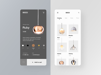 BOCCI app design exploration app design clean ui concept lamp light minimal mobile shop simple ui