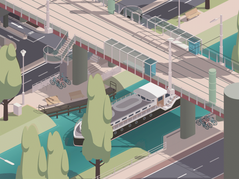 Charlemont Luas Stop after effects animated animation barge bridge canal design dublin gif grand canal illustration illustrator ireland irish iso isometric luas train tram vector
