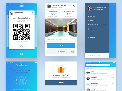 Referrals Made Easy app blue cards clean coverflow fresh gradient minimal mobile referral ui