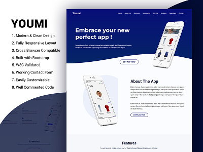 Youmi Application Landing Page application landing page bootstrap layout creative design unique design
