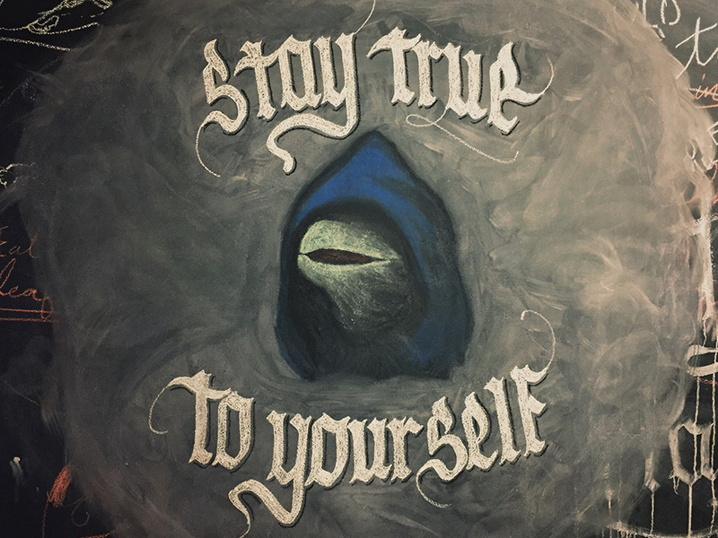 Evil Kermit in chalk chalkboard chalk illustration kermit gothic blackletter typography type script lettering