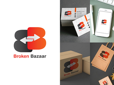 Broken Bazaar logo design app branding design flat icon identity logo minimal typography vector web