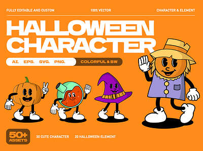 Halloween Character Set character concept design halloween instagram jack o latern pumpkin retro character straw hat trick or treat