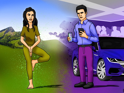 Opposites car digital illustration illustration man opposites party spirit woman yoga