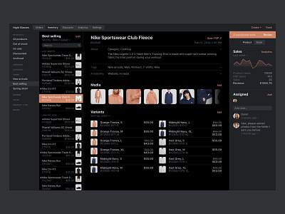 FoxCommerce • Product (dark mode) black dark dark mode dashboard details graph list navigaion orange peach product stats ui