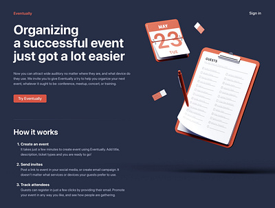 Eventually • Landing page 3d button calendar event landing ticket