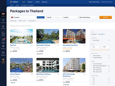 Viasun • Search results booking checkbox deals ecommerce explore filters form hotel icon list menu price product design rating resorts search search results slider travel web application