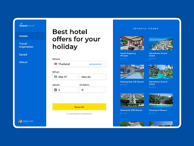 Viasun • Main Page blue button country date flag form front page hotel logo menu price product search suggestions ui yellow