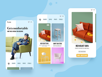 Furniture store app bold bold colors chair colorful design ecommerce elegant furniture store minimalistic mobile modern shopping app sofa ui user interface
