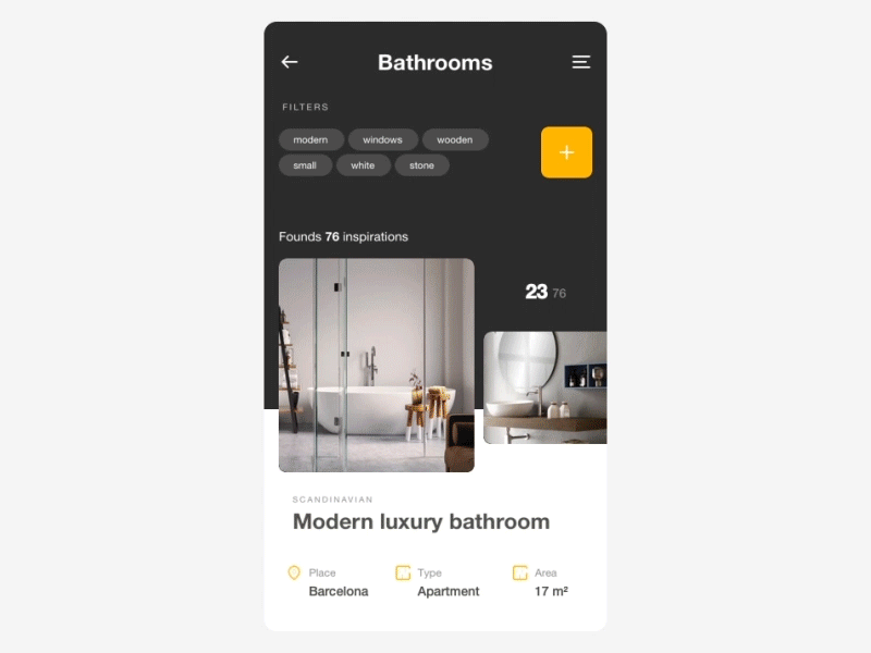 Home Inspiration App - filters page photos ux ui inspiration ideas interaction motion app mobile principle animation filter slider swipe gallery like cards home bathroom 7ninjas